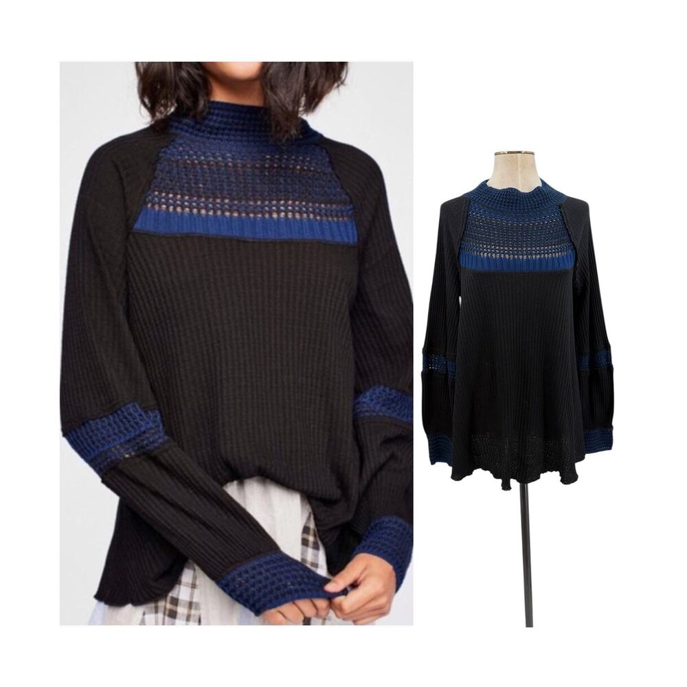 Free People Snow Day Thermal Tunic Black Blue Long Sleeve Top‎ Size Medium
